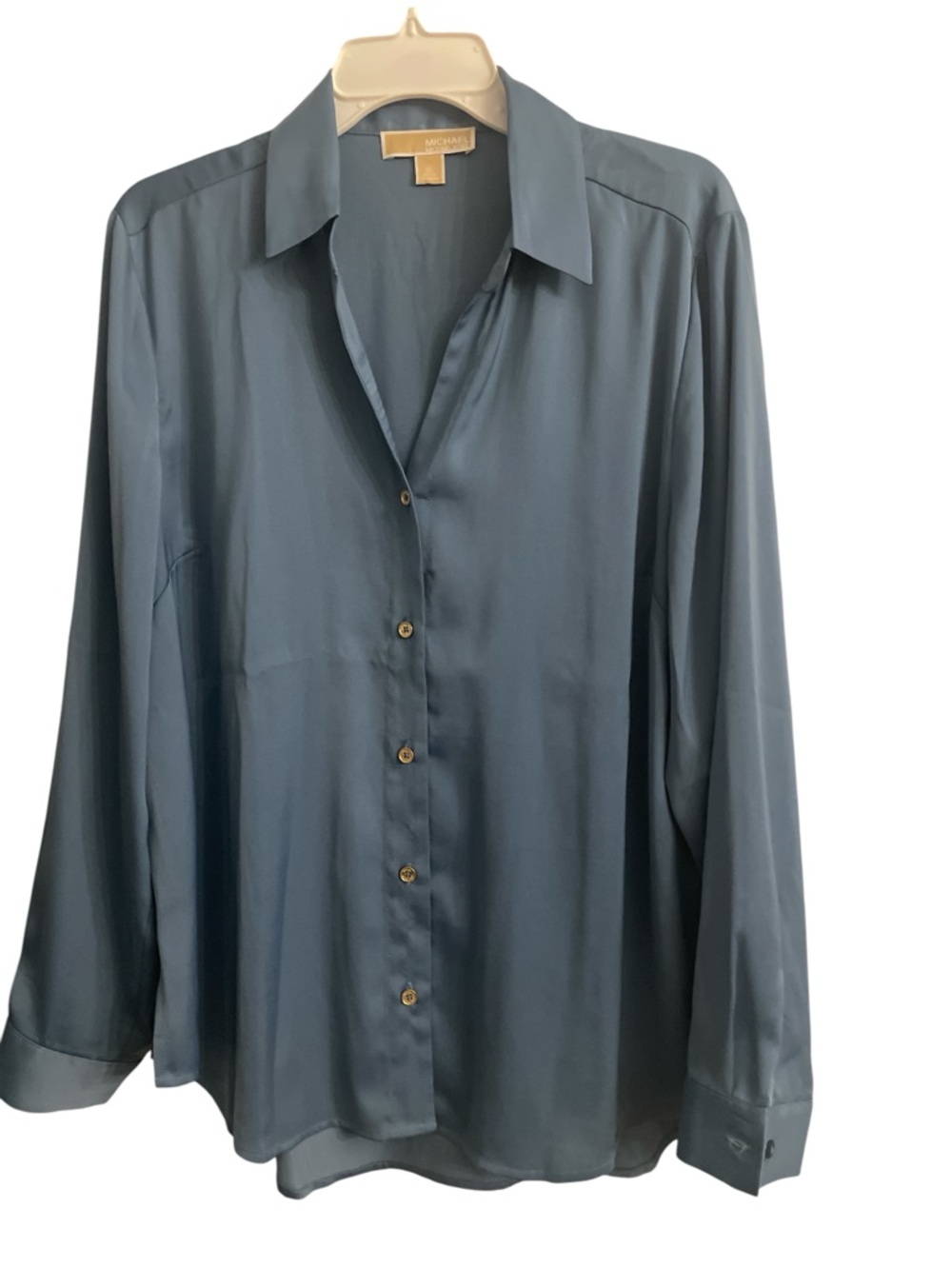 Michael Kors Blue Satin Button-Front Shirt in Xlg - Picture 2 of 7